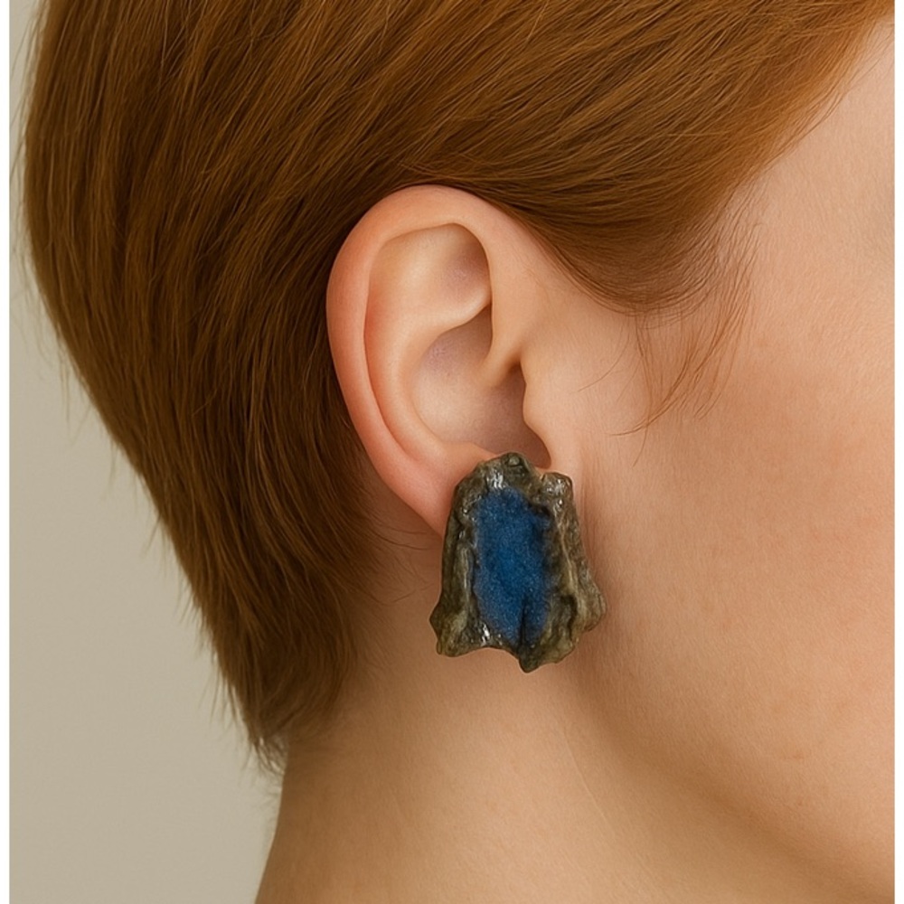 Glazed Pottery One Of A Kind Clip on Earrings  Abstract Art Blue Gray Vintage